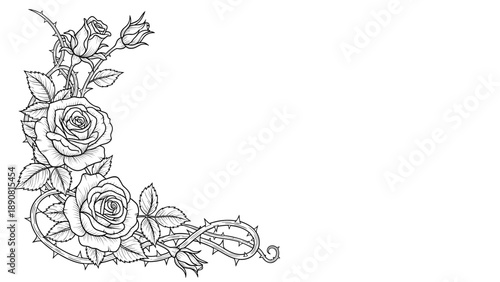 Rose and Thorns Corner Border - Black and White Line Art