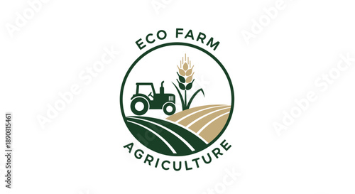 Eco Farm Agriculture Logo with Tractor and Wheat Field.