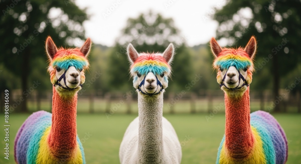 Fototapeta premium Symmetrical image of three alpacas, two painted with rainbow colors