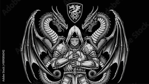 Knight, Dragons and Crest Illustration