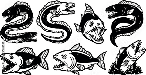 Black and white vector art of aggressive deep sea predatory fish and eel creatures with sharp teeth in various poses and angles