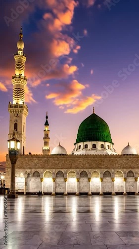 Wallpaper Mural A grand mosque in early evening light, featuring green dome, minarets, and courtyard Torontodigital.ca