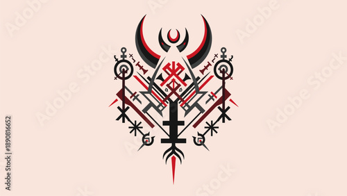 Abstract Tribal Symbol with Geometric Shapes in Red and Black on Beige Background