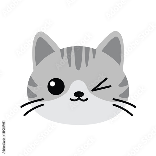 Cute grey tabby cat face winking with a happy expression vector illustration.