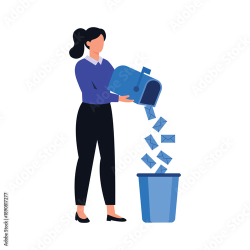 Woman emptying emails from mailbox into trash can vector illustration.