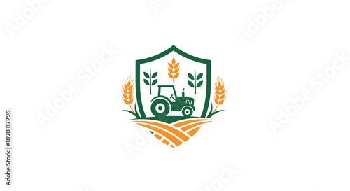 Farm tractor and wheat field in a shield emblem for agriculture.