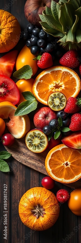 Naklejka premium An artist's palette of fruit, a top-down burst of saturated, hand-drawn goodness , food, collection