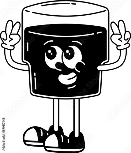 Funky glass of espresso coffee character retro groovy cartoon
