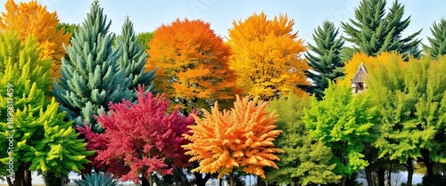 Assorted trees of different species and sizes arranged together, showcasing diverse foliage and growth patterns,  deciduous,  summer