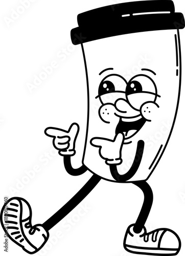 Funky disposable coffee cup character retro groovy cartoon