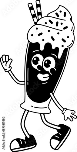 Funky glass of mocha float character retro groovy cartoon
