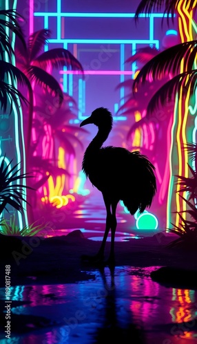 Dodo silhouette, vibrant neon pathways, holographic jungle, cybernetic island,  futuristic,  cyberpunk