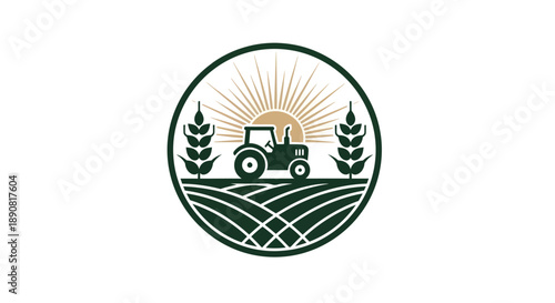 Farm Tractor and Wheat Field Logo with Sunrise in a Circular Design.