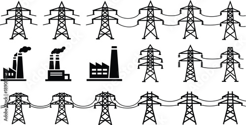 Electric power transmission icons set illustration, high voltage towers factories, energy infrastructure symbols, black and white electricity vector collection