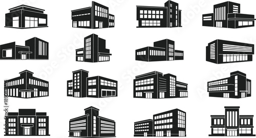 Modern building silhouette icon set illustration, urban architecture commercial office structures, black and white city construction vector collection design