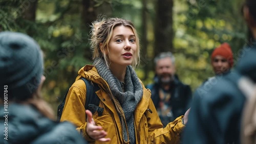 Young woman tour guide talking to group of tourists in forest, Young woman tour guide engaging with a group of tourists in a lush forest