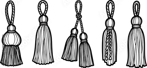 Black and white hand drawn vector tassel set with varied decorative knots and loops in minimalist line art style isolated on white