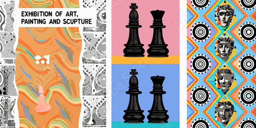 Abstract art collage featuring chess pieces portraits and vibrant patterns