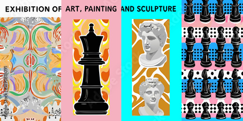 A vibrant art exhibition featuring paintings chess pieces and classical sculptures