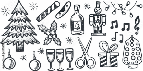 A collection of hand drawn christmas elements including trees ornaments and festive decor