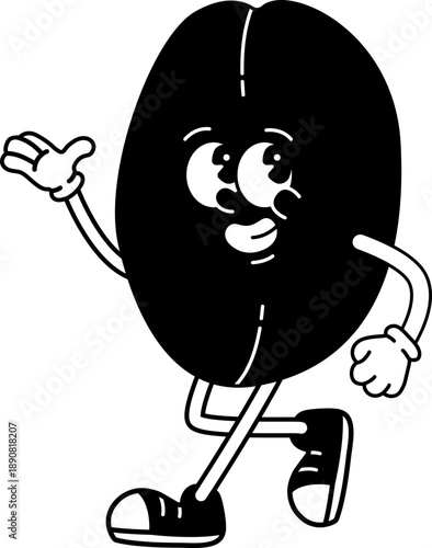 Funky coffee bean character retro groovy cartoon