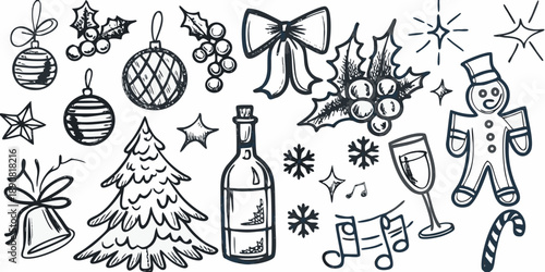 Hand drawn christmas decorations including ornaments trees and festive treats