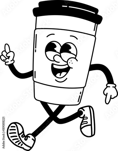 Funky disposable coffee cup character retro groovy cartoon