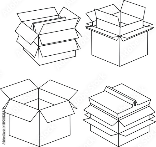 Vector illustration of four open cardboard boxes with varied flap arrangements in black line style