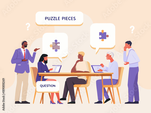 Team members collaborating discussing puzzle pieces and solutions around a conference table