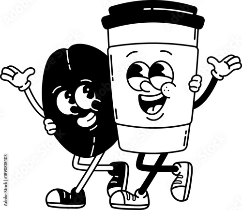 Coffee bean hug disposable cup character retro groovy cartoon
