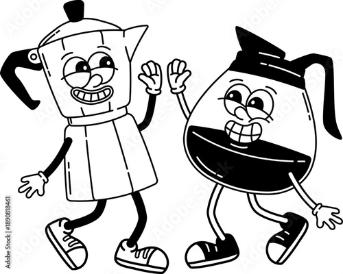 Moka pot with coffee jug character retro groovy cartoon
