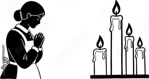 Minimalist black and white silhouette of praying woman with lit candles in simple line art style