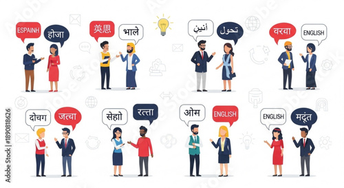 Diverse people communicating in different languages with speech bubbles concept for global communication and translation services flat vector illustration