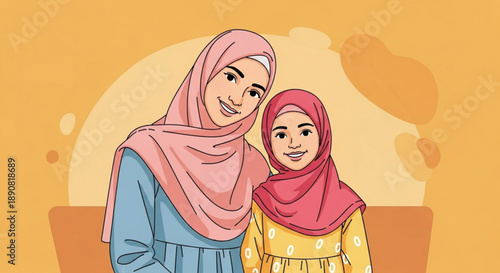 Mother and daughter wearing hijabs smiling together illustration of Muslim family bond and love flat design with warm background