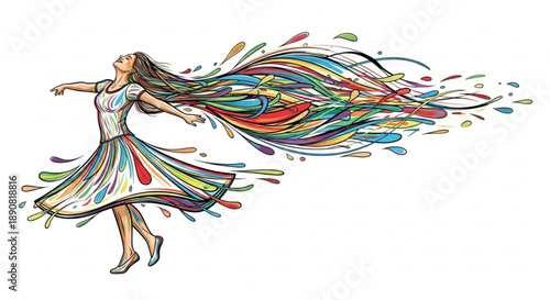 Woman with colorful flowing hair symbolizing creativity and freedom perfect for art and design concepts isolated on white