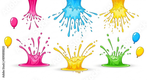 Vibrant liquid splashes and balloons colorful abstract elements for party invitations and summer designs isolated on white background