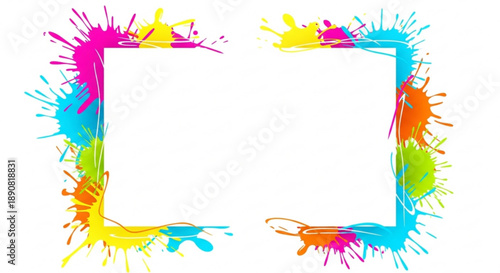 Colorful paint splash square frame vibrant abstract ink splatter border for graphic design isolated on white background