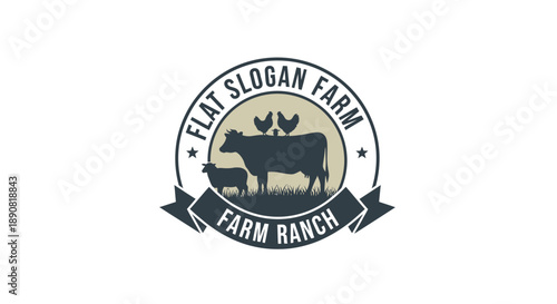 Flat Slogan Farm Ranch Logo with Cow, Calf, and Chickens.