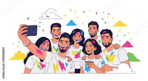 Diverse group of friends taking a selfie during Holi festival celebrating with colorful powder and confetti vector illustration for social media and events