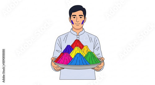 Man holding a plate of colorful Holi powder celebrating the festival of colors with traditional attire and face paint isolated on white background