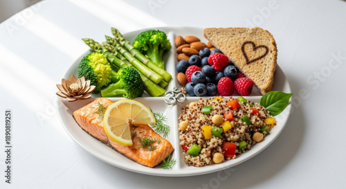 Healthy food plate with balanced diet sections