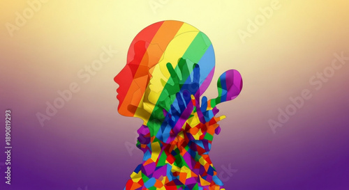 Vibrant rainbow human silhouette with hands emerging from diverse