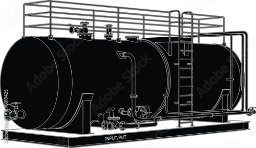 Industrial horizontal storage tank illustration, fuel oil water container system, pipeline valves ladder platform, engineering technical line art design