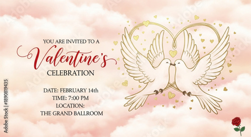 Valentine's day celebration invitation with doves and rose