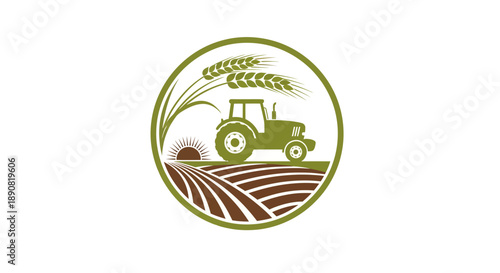 Green Tractor Working in a Field with Wheat Stalks.