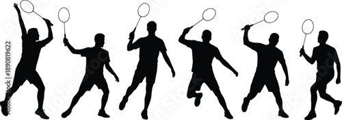 Badminton player silhouette collection showing jumping smash, forehand and backhand strokes with energetic sport training action vector illustration set