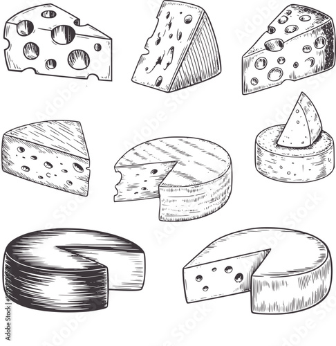 Black and hand drawn of various cheese types and slices food dairy vintage