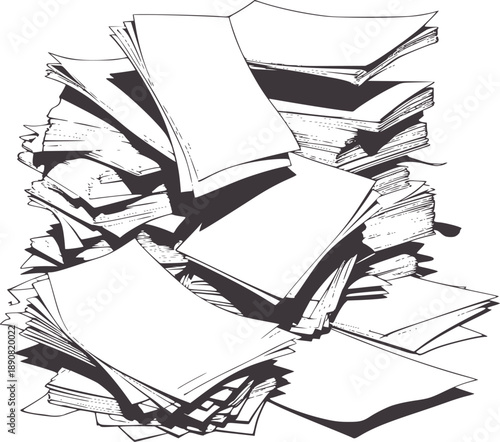 Chaotic pile of monochrome paper sheets with shadows stack