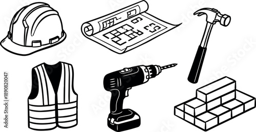 Line art construction tools vector set including safety helmet, blueprint, hammer, electric drill, safety vest, and bricks illustrations