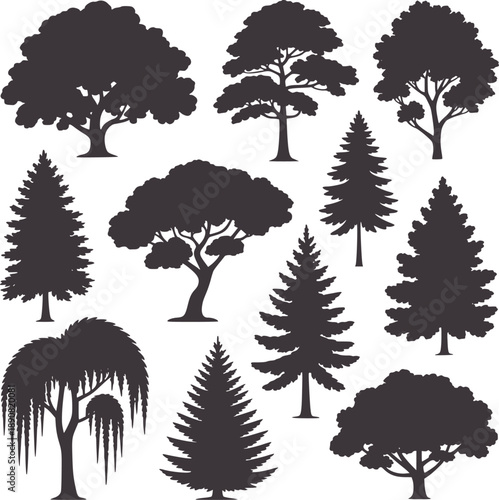 Collection of black silhouettes of various trees nature forest